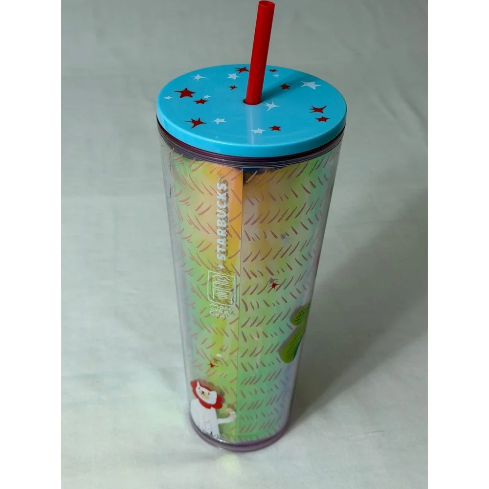 Starbucks Moonlee Chai Iridescent Cold Cup Tumbler 24oz Venti Blue Lid Red Straw
